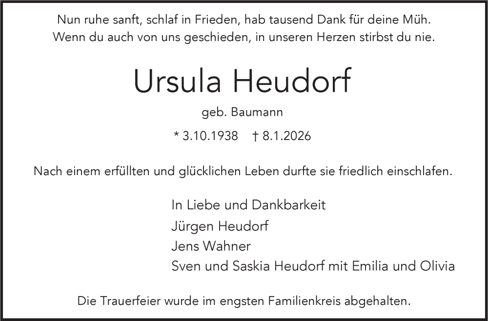 Traueranzeige für Ursula Heudorf vom 13.02.2026 aus Stuttgarter Zeitung / Stuttgarter Nachrichten