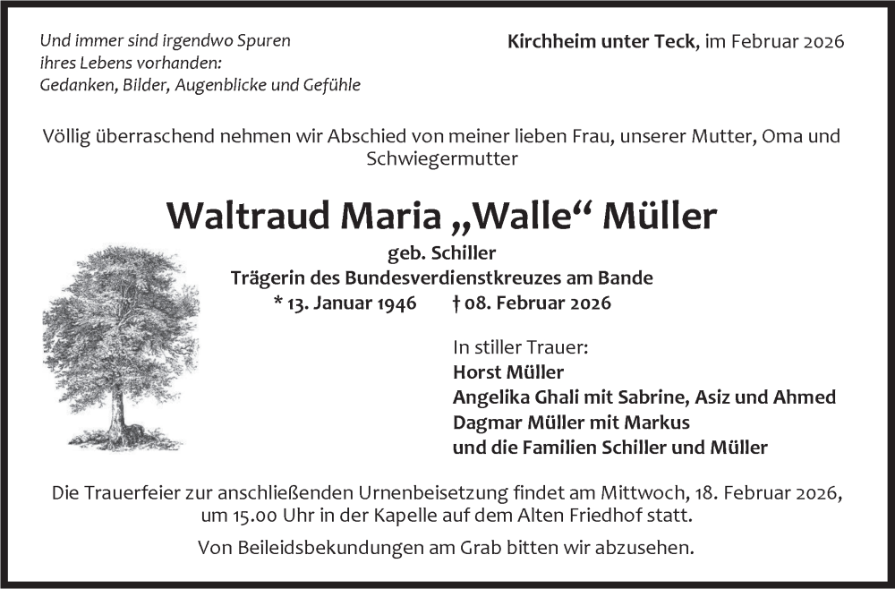  Traueranzeige für Waltraud Maria Müller vom 14.02.2026 aus Eßlinger Zeitung