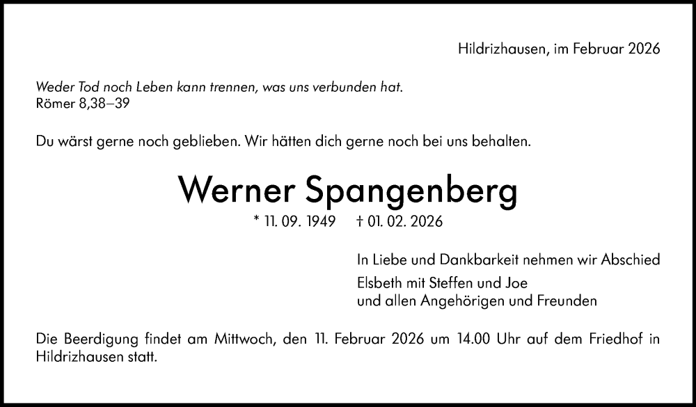  Traueranzeige für Werner Spangenberg vom 06.02.2026 aus Kreiszeitung Böblinger Bote