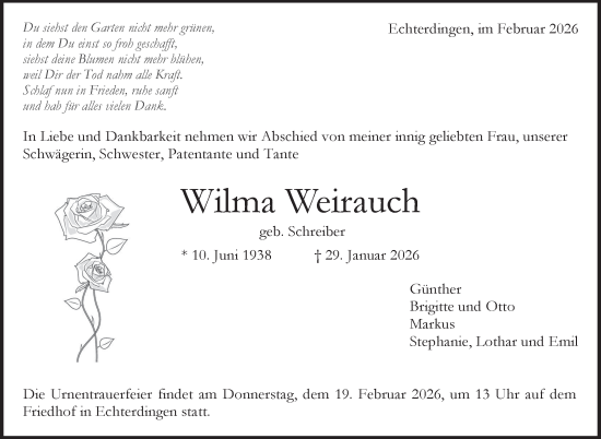 Traueranzeige von Wilma Weirauch von Eßlinger Zeitung