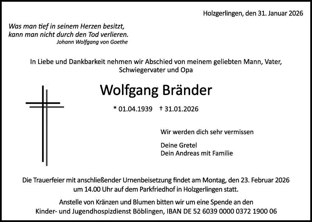  Traueranzeige für Wolfgang Bränder vom 13.02.2026 aus Kreiszeitung Böblinger Bote