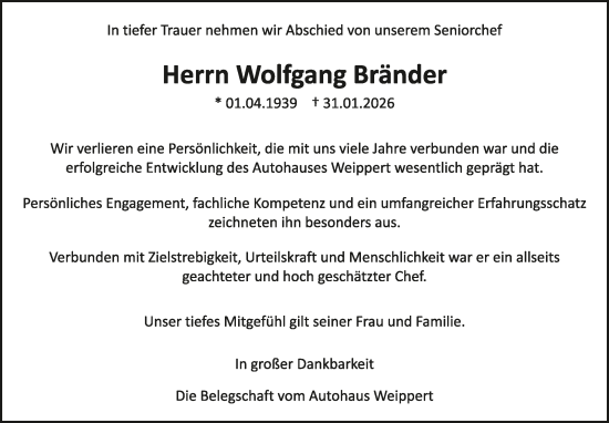 Traueranzeige von Wolfgang Bränder von Kreiszeitung Böblinger Bote