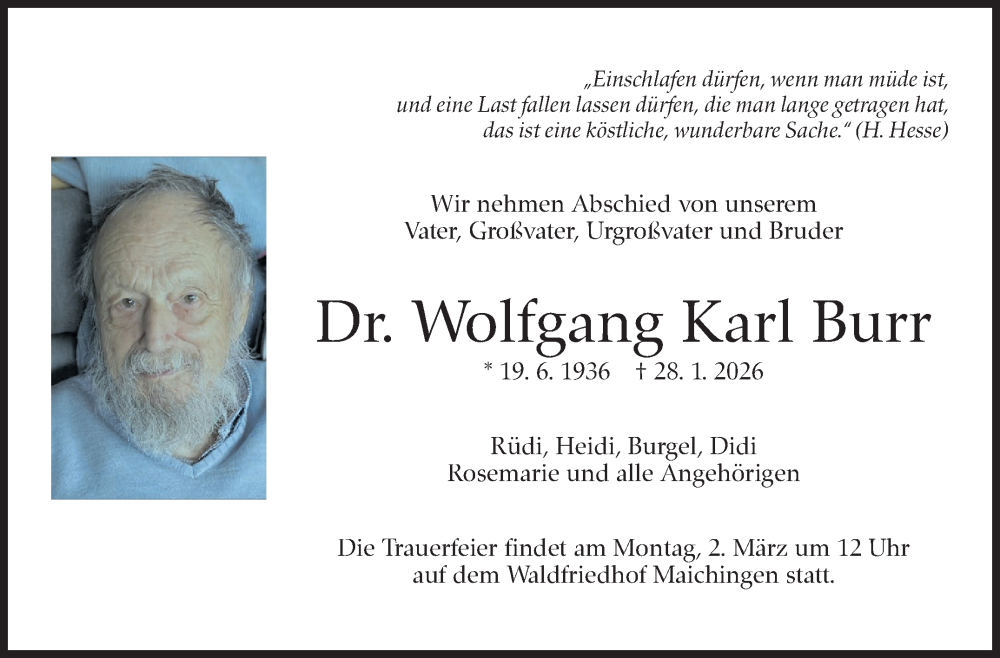  Traueranzeige für Wolfgang Karl Burr vom 14.02.2026 aus Kreiszeitung Böblinger Bote