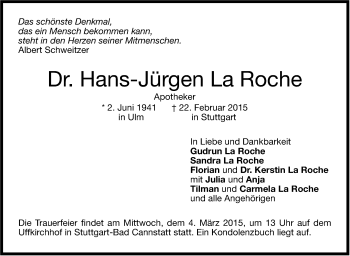 Traueranzeige von Hans-Jürgen La Roche von Stuttgarter Zeitung / Stuttgarter Nachrichten