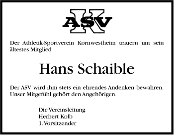 Traueranzeige von Hans Schaible von Stuttgarter Zeitung / Stuttgarter Nachrichten