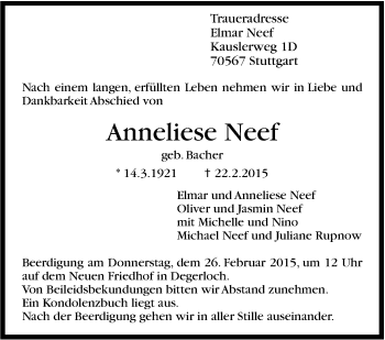 Traueranzeige von Anneliese Neef von Stuttgarter Zeitung / Stuttgarter Nachrichten