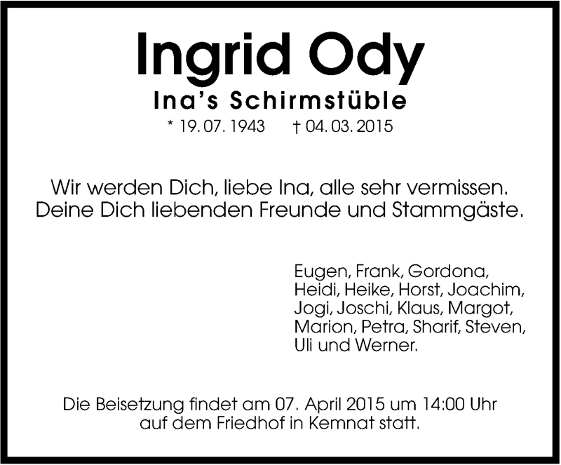  Traueranzeige für Ingrid Ody vom 02.04.2015 aus Stuttgarter Zeitung / Stuttgarter Nachrichten