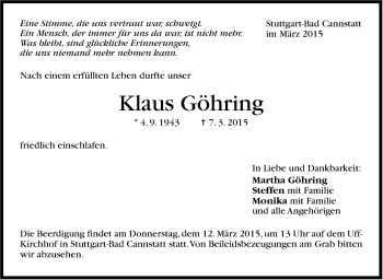 Traueranzeige von Klaus Göhring von Stuttgarter Zeitung / Stuttgarter Nachrichten
