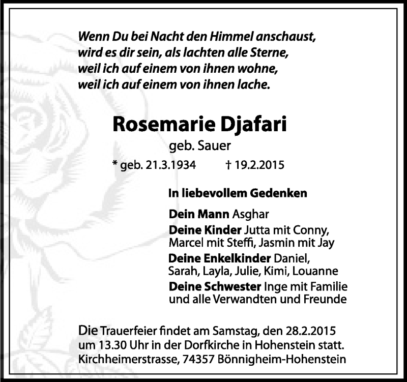  Traueranzeige für Rosemarie Djafari vom 26.02.2015 aus Stuttgarter Zeitung / Stuttgarter Nachrichten