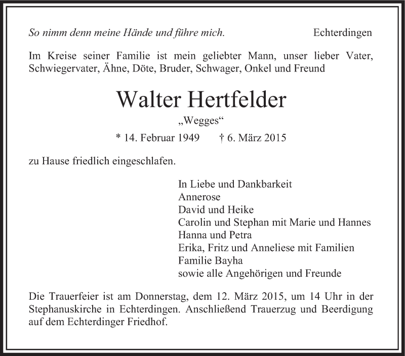  Traueranzeige für Walter Hertfelder vom 09.03.2015 aus Stuttgarter Zeitung / Stuttgarter Nachrichten