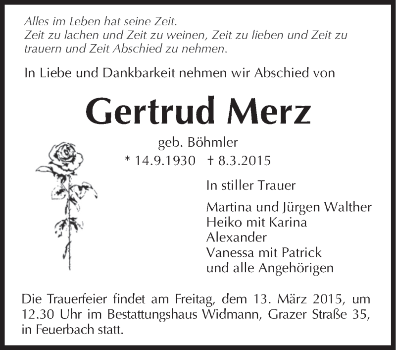  Traueranzeige für Gertrud Merz vom 11.03.2015 aus Stuttgarter Zeitung / Stuttgarter Nachrichten