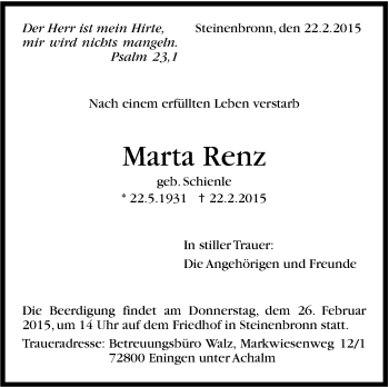 Traueranzeige von Marta Renz von Stuttgarter Zeitung / Stuttgarter Nachrichten