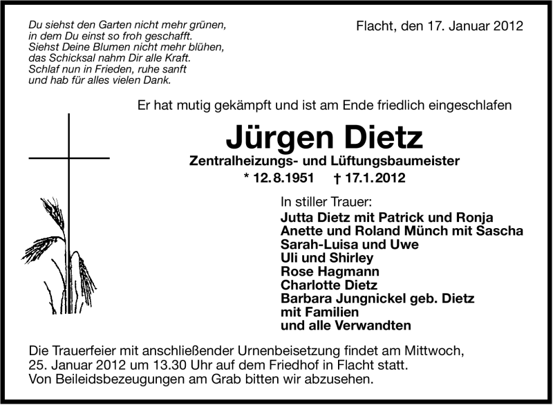  Traueranzeige für Jürgen Dietz vom 21.01.2012 aus Stuttgarter Zeitung / Stuttgarter Nachrichten