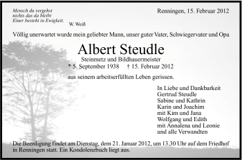 Traueranzeige von Albert Steudle von Stuttgarter Zeitung / Stuttgarter Nachrichten