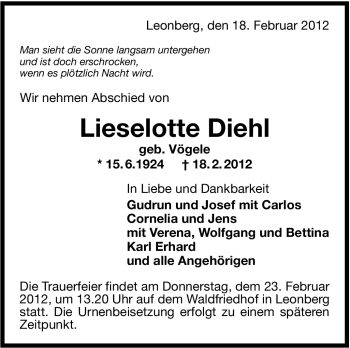 Traueranzeige von Lieselotte Diehl von Leonberger Kreiszeitung / Strohgäu Extra