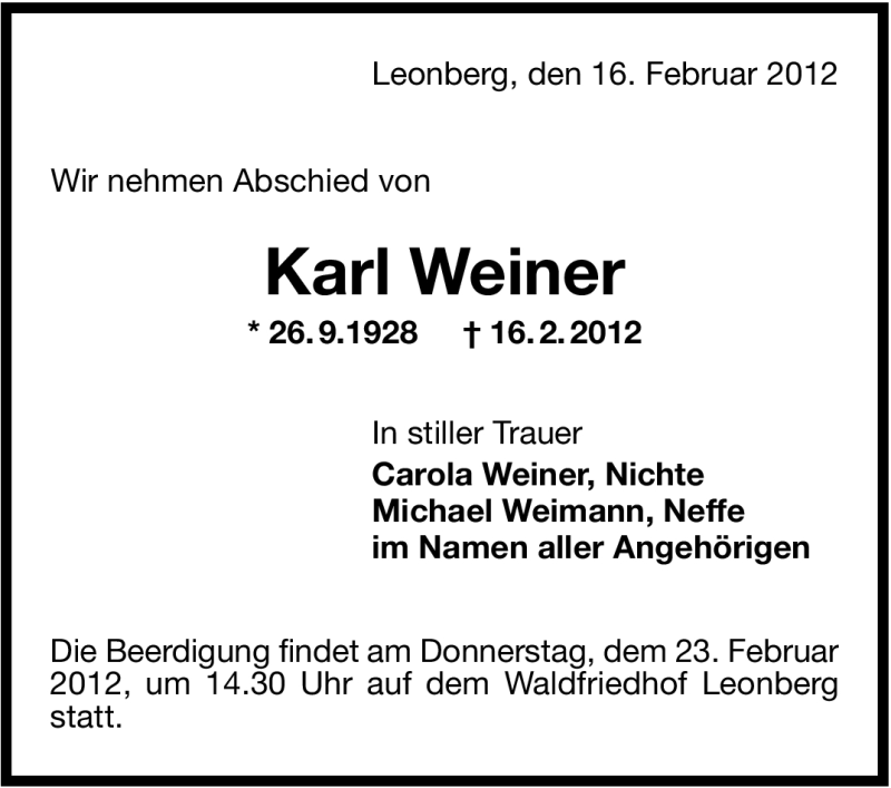  Traueranzeige für Karl Weiner vom 21.02.2012 aus Stuttgarter Zeitung / Stuttgarter Nachrichten