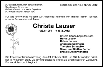Traueranzeige von Christa Lauser von Leonberger Kreiszeitung / Strohgäu Extra