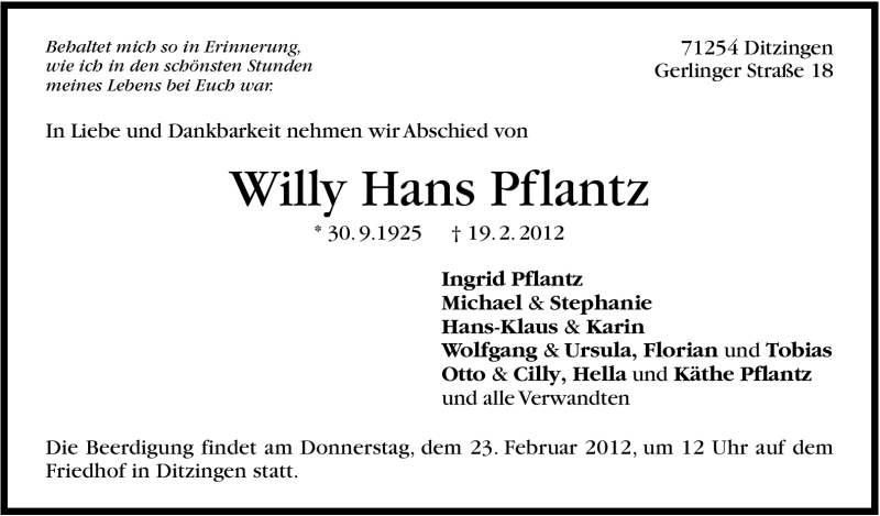  Traueranzeige für Willy Hans Pflantz vom 21.02.2012 aus Leonberger Kreiszeitung / Strohgäu Extra