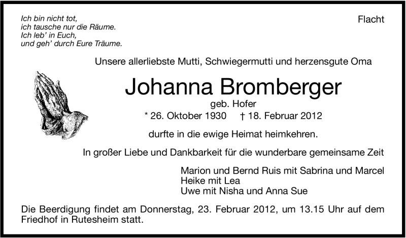  Traueranzeige für Johanna Bromberger vom 21.02.2012 aus Leonberger Kreiszeitung / Strohgäu Extra