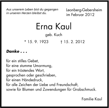 Traueranzeige von Erna Kaul von Stuttgarter Zeitung / Stuttgarter Nachrichten