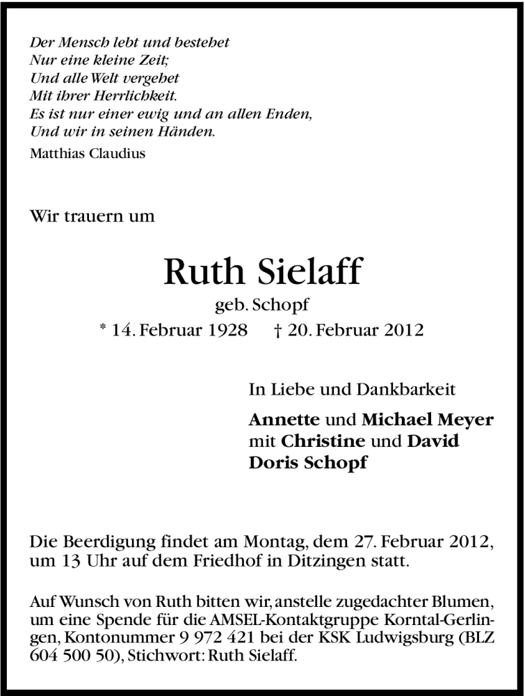  Traueranzeige für Ruth Sielaff vom 23.02.2012 aus Stuttgarter Zeitung / Stuttgarter Nachrichten