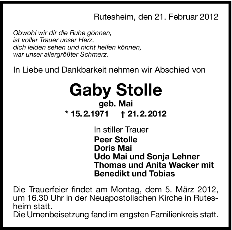 Traueranzeige für Gaby Stolle vom 01.03.2012 aus Leonberger Kreiszeitung / Strohgäu Extra