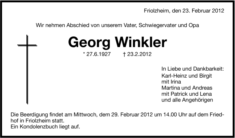  Traueranzeige für Georg Winkler vom 27.02.2012 aus Stuttgarter Zeitung / Stuttgarter Nachrichten
