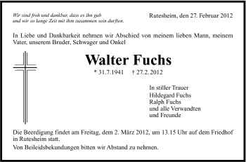 Traueranzeige von Walter Fuchs von Stuttgarter Zeitung / Stuttgarter Nachrichten