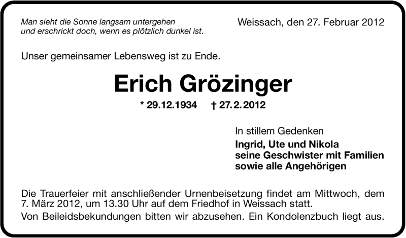  Traueranzeige für Erich Grözinger vom 05.03.2012 aus Stuttgarter Zeitung / Stuttgarter Nachrichten