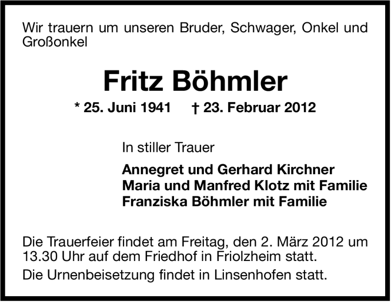  Traueranzeige für Fritz Böhmler vom 29.02.2012 aus Stuttgarter Zeitung / Stuttgarter Nachrichten