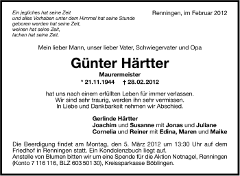 Traueranzeige von Günter Härtter von Leonberger Kreiszeitung / Strohgäu Extra