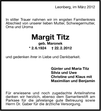 Traueranzeige von Margit Titz von Leonberger Kreiszeitung / Strohgäu Extra