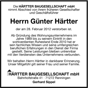 Traueranzeige von Günter Härtter von Leonberger Kreiszeitung / Strohgäu Extra