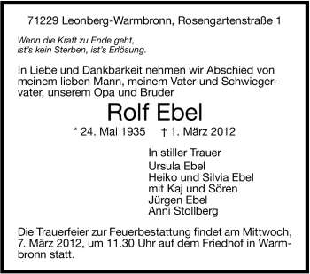 Traueranzeige von Rolf Ebel von Stuttgarter Zeitung / Stuttgarter Nachrichten