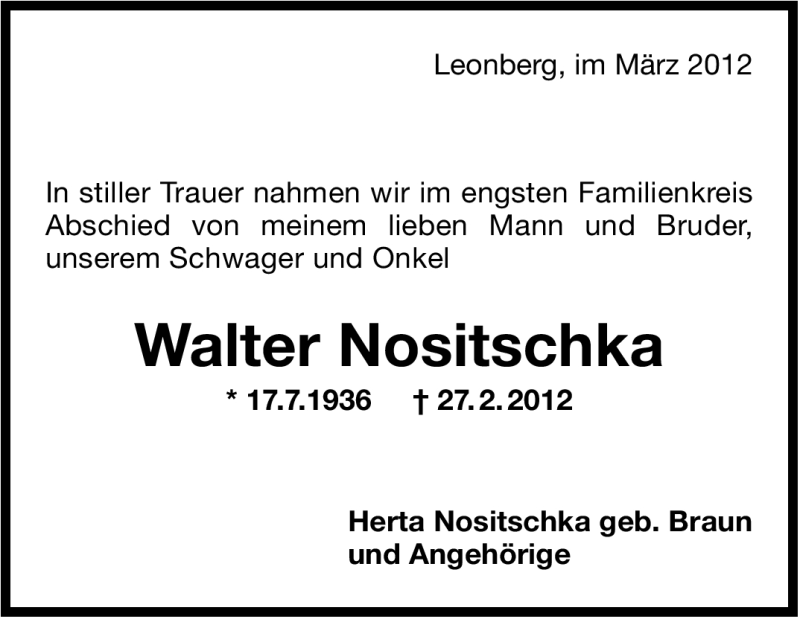  Traueranzeige für Walter Nositschka vom 10.03.2012 aus Leonberger Kreiszeitung / Strohgäu Extra