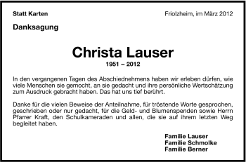 Traueranzeige von Christa Lauser von Leonberger Kreiszeitung / Strohgäu Extra