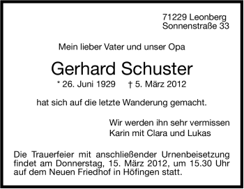 Traueranzeige von Gerhard Schuster von Stuttgarter Zeitung / Stuttgarter Nachrichten