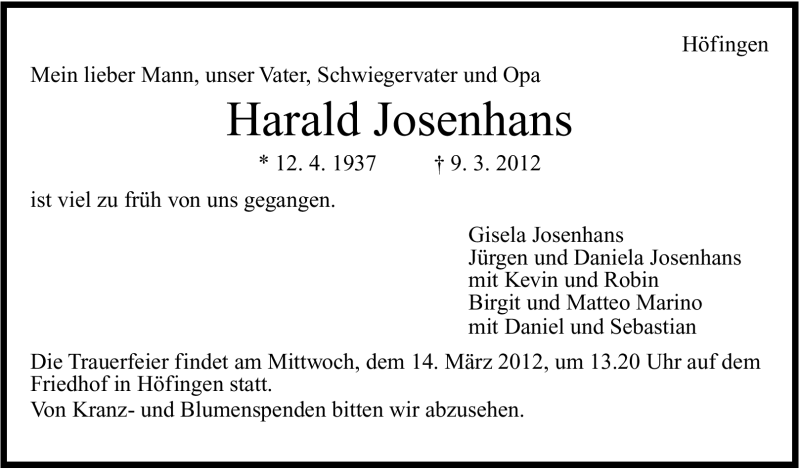  Traueranzeige für Harald Josenhans vom 12.03.2012 aus Stuttgarter Zeitung / Stuttgarter Nachrichten