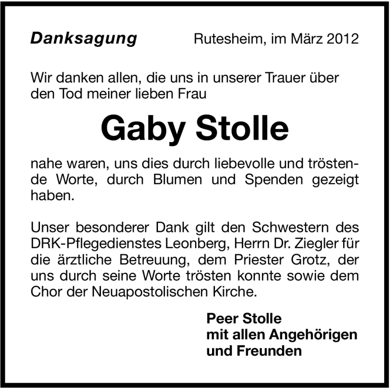  Traueranzeige für Gaby Stolle vom 12.03.2012 aus Leonberger Kreiszeitung / Strohgäu Extra