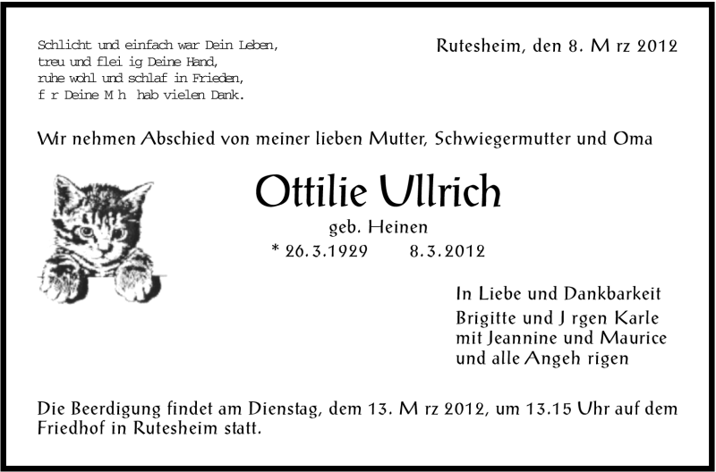  Traueranzeige für Ottilie Ullrich vom 10.03.2012 aus Leonberger Kreiszeitung / Strohgäu Extra