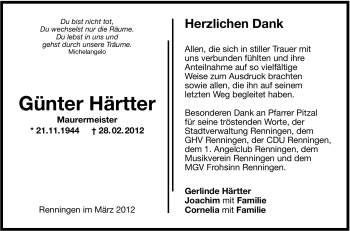 Traueranzeige von Günter Härtter von Leonberger Kreiszeitung / Strohgäu Extra