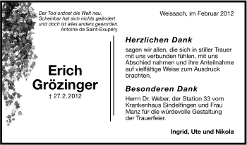Traueranzeige von Erich Grözinger von Stuttgarter Zeitung / Stuttgarter Nachrichten