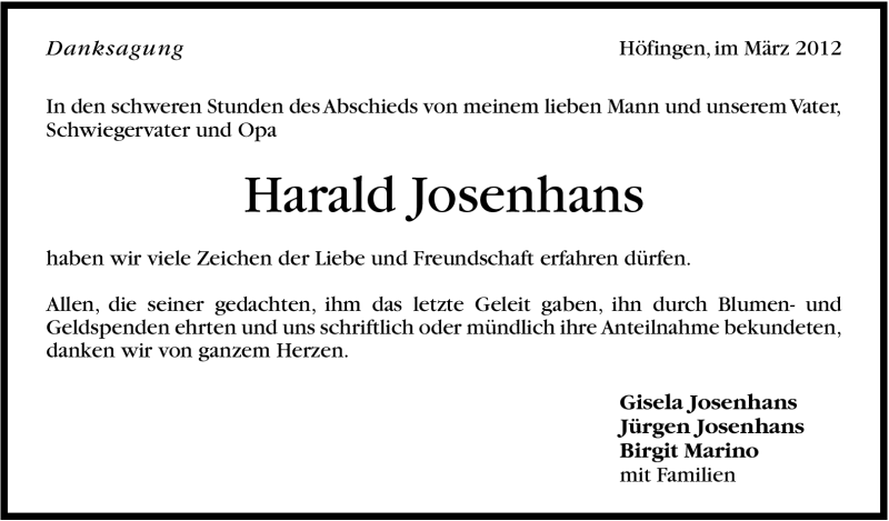  Traueranzeige für Harald Josenhans vom 29.03.2012 aus Stuttgarter Zeitung / Stuttgarter Nachrichten