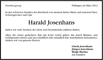 Traueranzeige von Harald Josenhans von Stuttgarter Zeitung / Stuttgarter Nachrichten