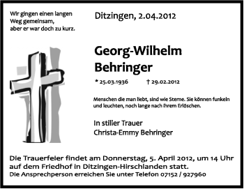 Traueranzeige von Georg-Wilhelm Behringer von Stuttgarter Zeitung / Stuttgarter Nachrichten