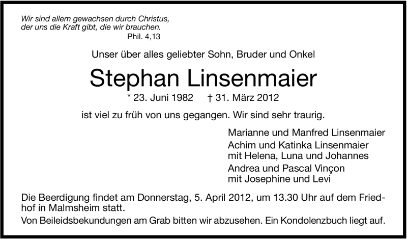  Traueranzeige für Stephan Linsenmaier vom 04.04.2012 aus Stuttgarter Zeitung / Stuttgarter Nachrichten