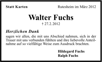 Traueranzeige von Walter Fuchs von Stuttgarter Zeitung / Stuttgarter Nachrichten