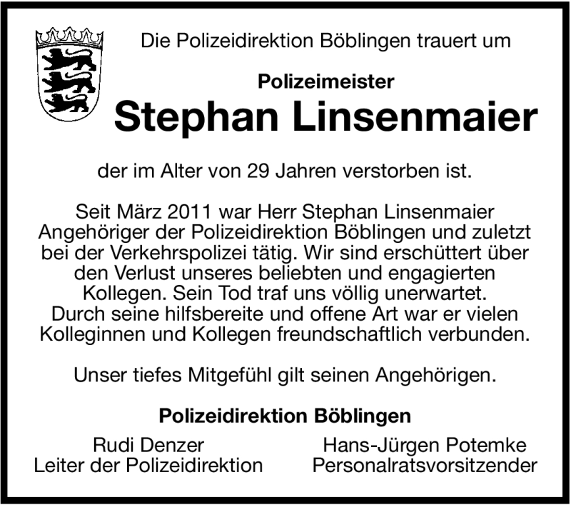  Traueranzeige für Stephan Linsenmaier vom 05.04.2012 aus Stuttgarter Zeitung / Stuttgarter Nachrichten