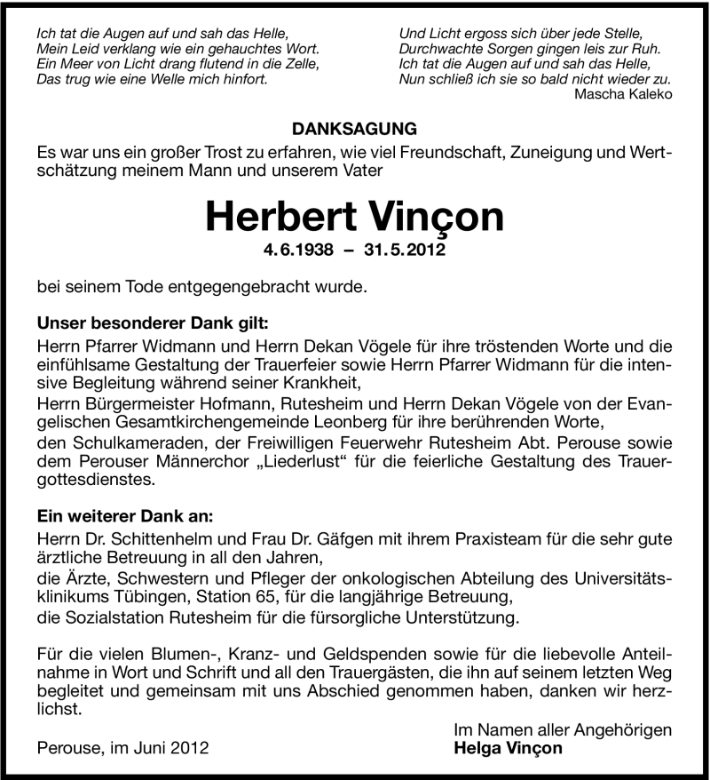  Traueranzeige für Herbert Vinçon vom 14.06.2012 aus Stuttgarter Zeitung / Stuttgarter Nachrichten
