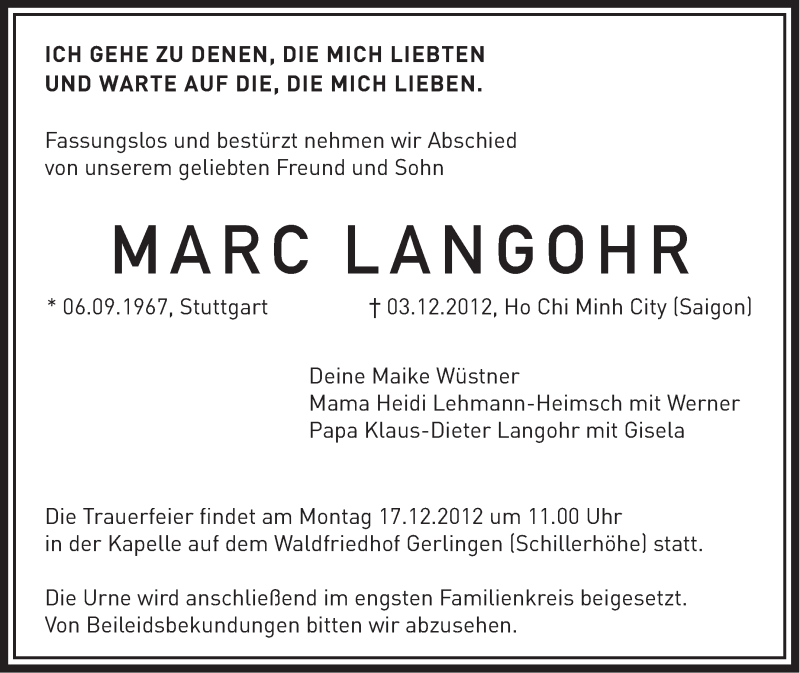  Traueranzeige für Marc Langohr vom 12.12.2012 aus Stuttgarter Zeitung / Stuttgarter Nachrichten